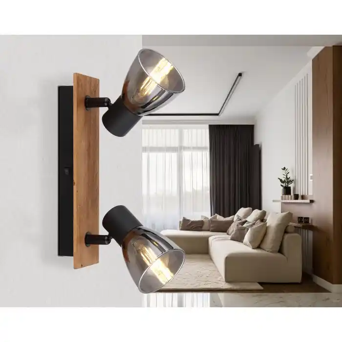Shop Nu Globo CLAUDE Muurlamp Hout donker, Zwart, 2-lichts