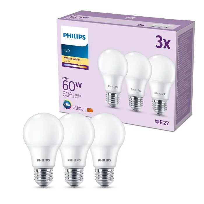 Op = Op Philips Klassieke set van 3 LED E27 8 Watt 2700 Kelvin 806 Lumen