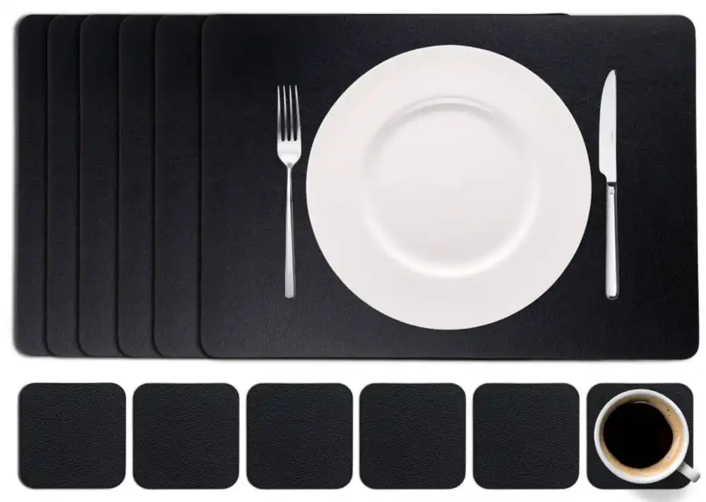 Cookinglife 6 Placemats + 6 Onderzetters - Vegan leer - Zwart Lage Prijs