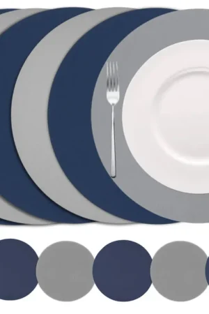 Cookinglife 6 Placemats + 6 Onderzetters - Dubbelzijdig - Rond - Vegan leer - Blauw / Grijs Voordeelprijs