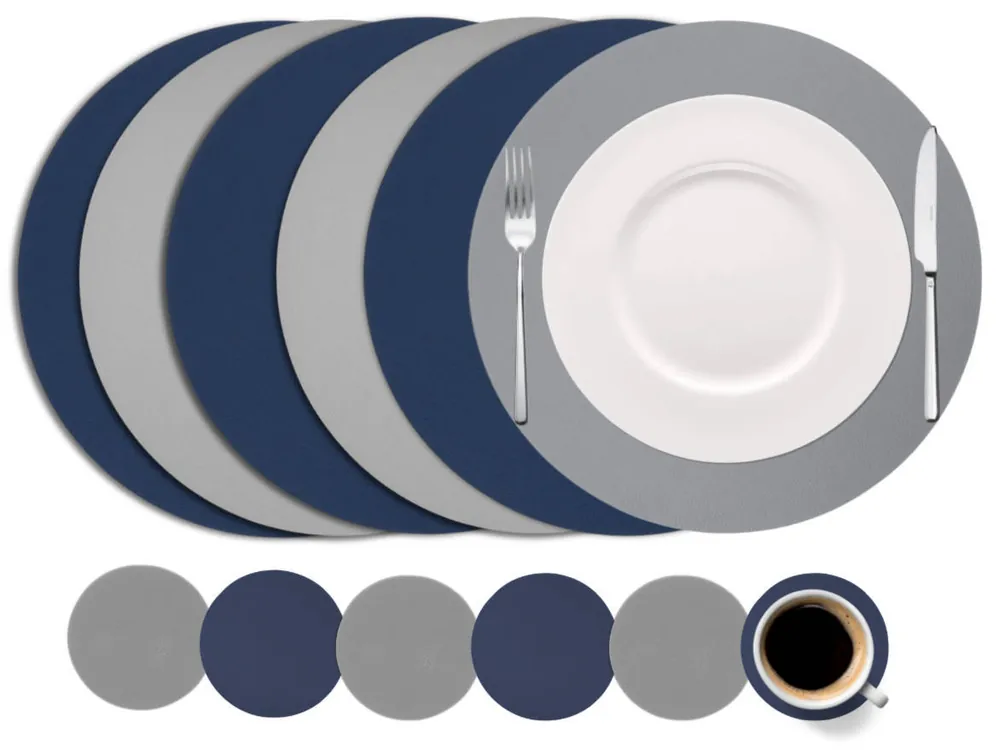 Cookinglife 6 Placemats + 6 Onderzetters - Dubbelzijdig - Rond - Vegan leer - Blauw / Grijs Voordeelprijs