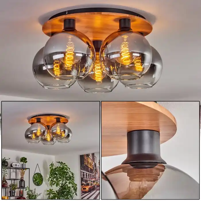 Koyoto Plafondlamp - Glas Natuurlijke kleuren, Zwart, 5-lichts Beperkte Voorraad