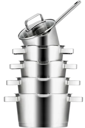 Beperkte Voorraad Sola Pannenset Diamond 5-Delig RVS - Downdraft geschikt - Kookpan ø 16, 18, 20, 24 cm & Steelpan ø 16 cm - geschikt voor alle warmtebronnen