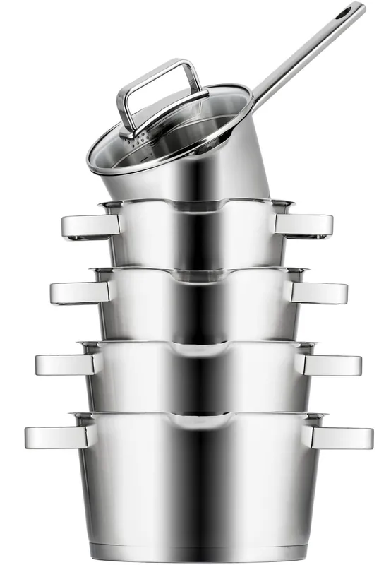 Beperkte Voorraad Sola Pannenset Diamond 5-Delig RVS - Downdraft geschikt - Kookpan ø 16, 18, 20, 24 cm & Steelpan ø 16 cm - geschikt voor alle warmtebronnen