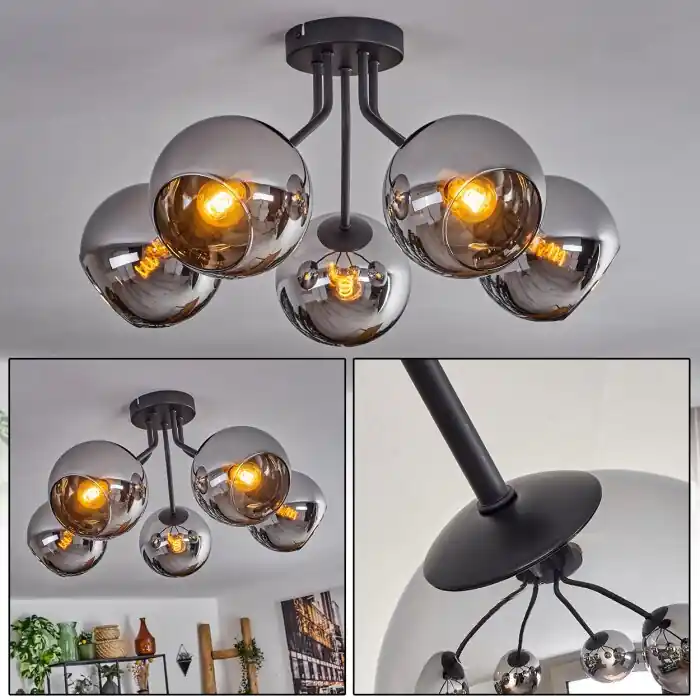 Hete Deal Koyoto Plafondlamp - Glas Chroom, Rookkleurig, 5-lichts
