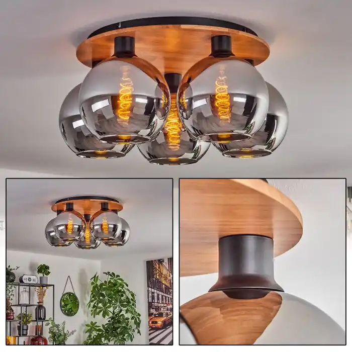 Koyoto Plafondlamp - Glas Natuurlijke kleuren, Zwart, 5-lichts Flitsaanbieding