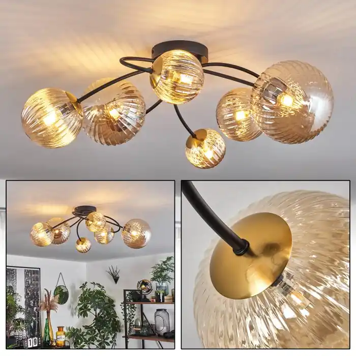 Premium Chehalis Plafondlamp - Glas Goud, Zwart, 6-lichts