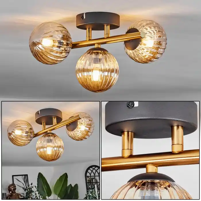 Lage Prijs Chehalis Plafondlamp - Glas Goud, Zwart, 3-lichts