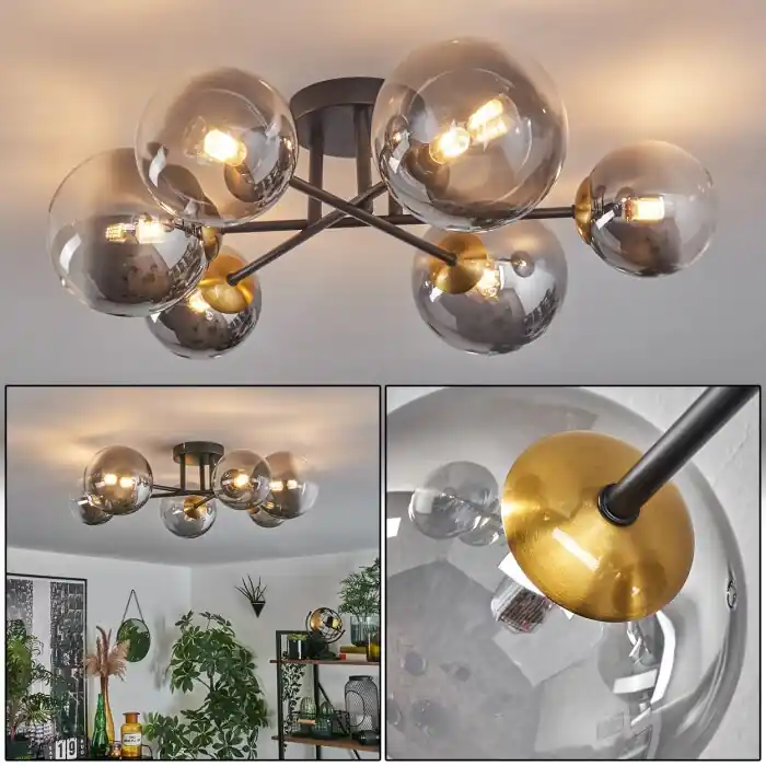 Seizoensaanbieding Chehalis Plafondlamp - Glas 12 cm, 15 cm Goud, Zwart, 6-lichts