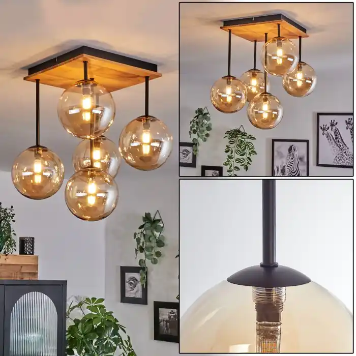 Chehalis Plafondlamp - Glas 15 cm Natuurlijke kleuren, Zwart, 5-lichts Seizoensaanbieding