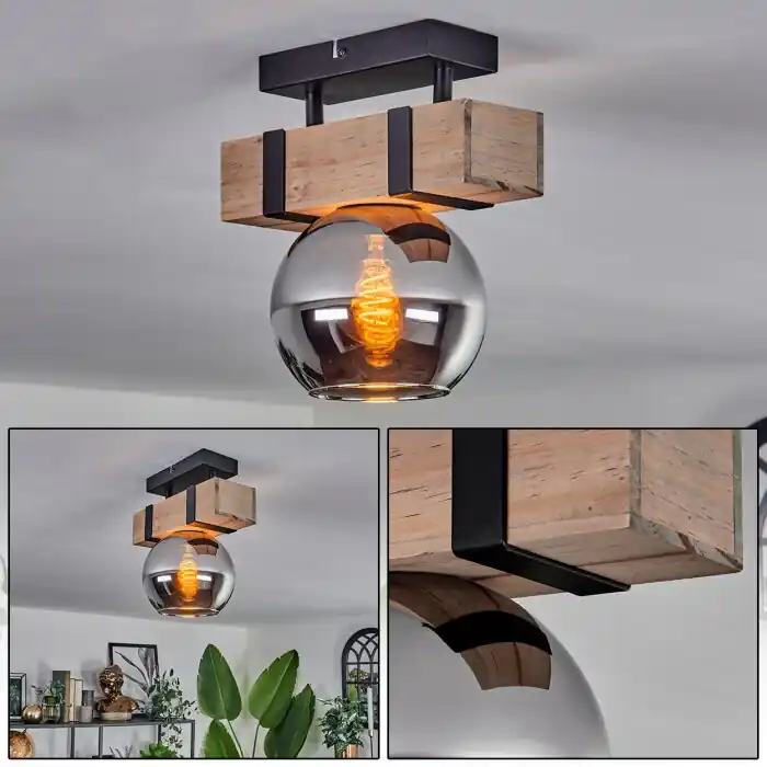 Montgomery Plafondlamp - Glas 15 cm Natuurlijke kleuren, Zwart, 1-licht Premium