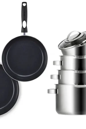 Beperkt Aanbod Sola Pannenset Pearl 6-Delig RVS - Downdraft geschikt - Kookpan ø 16, 18, 20 cm & Steelpan ø 16 cm + BEKA Koekenpan 24, 28 cm - geschikt voor alle warmtebronnen