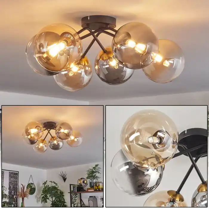 Chehalis Plafondlamp - Glas 15 cm Goud, Zwart, 6-lichts Dagaanbieding
