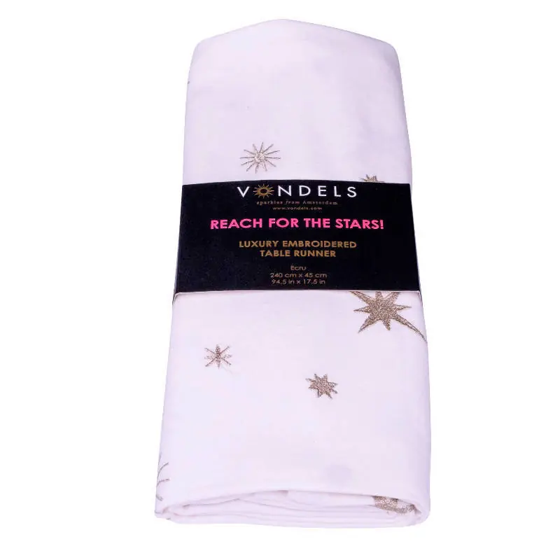 Vondels Geborduurde tafelloper sterren overal ecru 240cm x 45cm Meest Verkocht