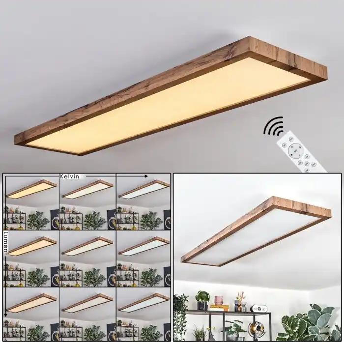 Rechtstreeks Van De Fabrikant Salmi Plafondlamp, Paneel LED houtlook, Zwart, 1-licht, Afstandsbediening