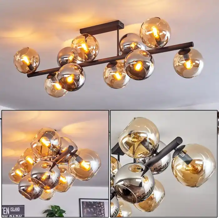 Koyoto Plafondlamp, Kogellampje Amber, Chroom, Rookkleurig, 10-lichts Populair