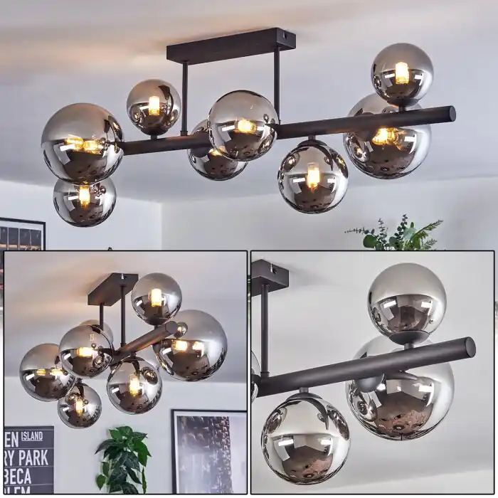 Chehalis Plafondlamp, Kogellampje Chroom, Rookkleurig, 8-lichts Op = Op