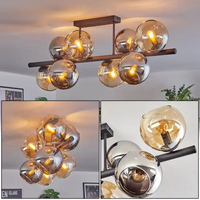 Koyoto Plafondlamp, Kogellampje Amber, Chroom, Rookkleurig, 8-lichts Meest Verkocht