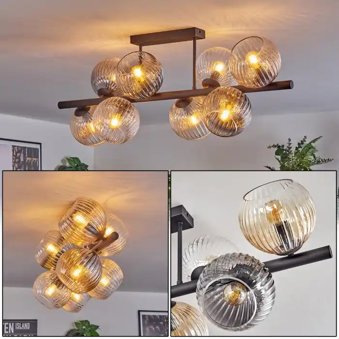 Snelle Levering Koyoto Plafondlamp, Kogellampje Amber, Duidelijk, Rookkleurig, 8-lichts