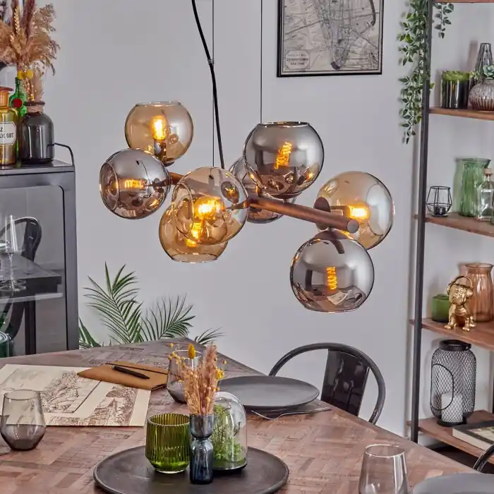 Koyoto Hanglamp, Kogellampje, Hanglamp Amber, Chroom, Rookkleurig, 8-lichts Laatste Versie