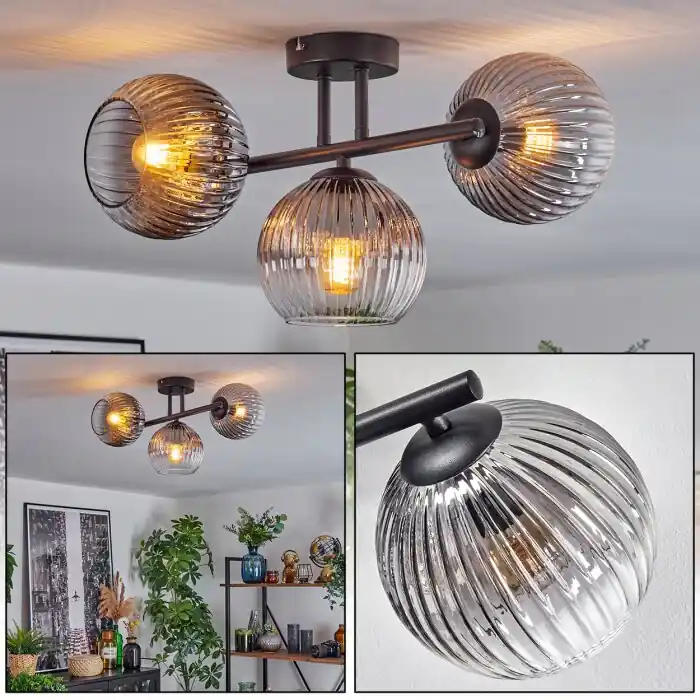 Gereduceerde Prijs Koyoto Plafondlamp, Kogellampje Duidelijk, Rookkleurig, 3-lichts