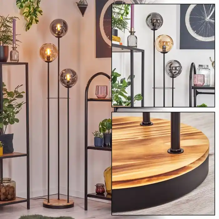 Premium Gastor Staande lamp 25 cm Hout licht, Zwart, 3-lichts
