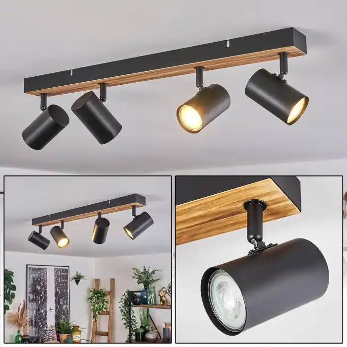 Gesteira Plafondlamp, Plafondspot Hout donker, Zwart, 4-lichts Nieuw
