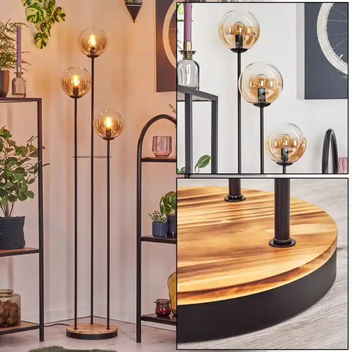 Gastor Staande lamp 30 cm Hout licht, Zwart, 3-lichts Premium