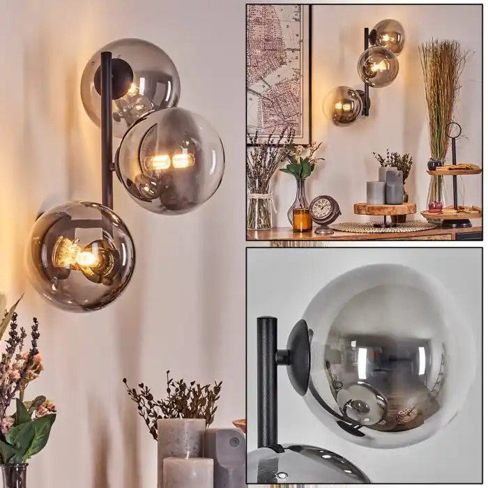 Chehalis Kogellampje, Wandlamp 33 cm Chroom, Duidelijk, Rookkleurig, 3-lichts Veilige Betaling