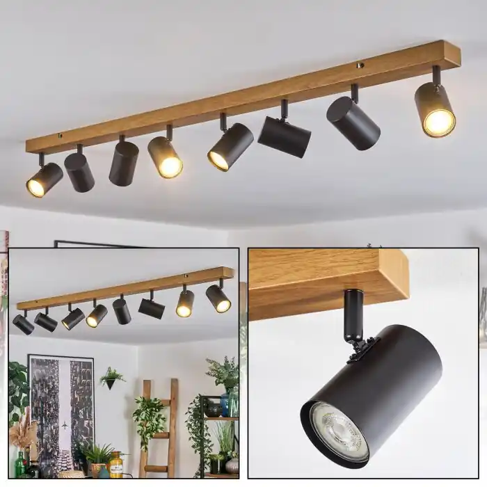 Gesteira Plafondlamp, Plafondspot houtlook, Zwart, 8-lichts Aanbieding