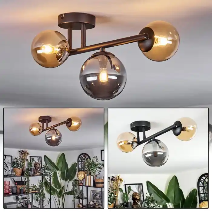 Koopje Chehalis Plafondlamp, Kogellampje 23 cm Amber, Rookkleurig, 3-lichts