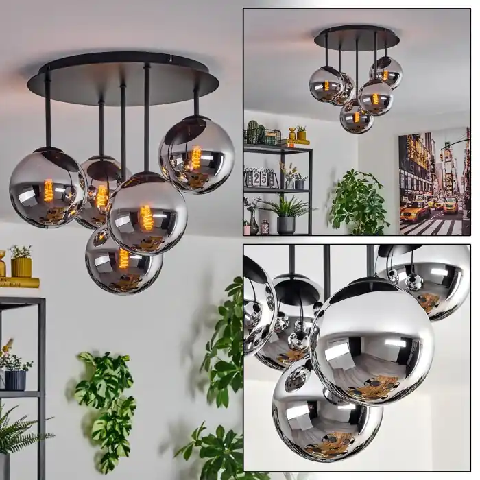 Finale Uitverkoop Gastor Plafondlamp, Kogellampje 45 cm Chroom, Rookkleurig, 5-lichts