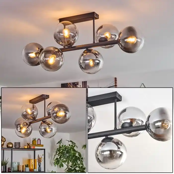 Gastor Plafondlamp, Kogellampje Duidelijk, Rookkleurig, 6-lichts Speciale Aanbieding