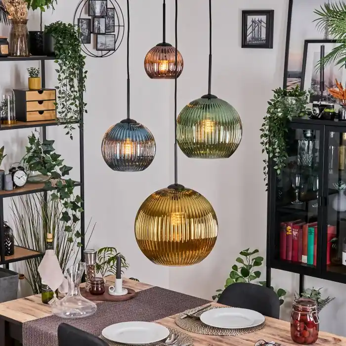 Koyoto Hanglamp, Kogellampje, Hanglamp Blauw, Goud, Groen, Koperkleurig, 4-lichts Express Levering