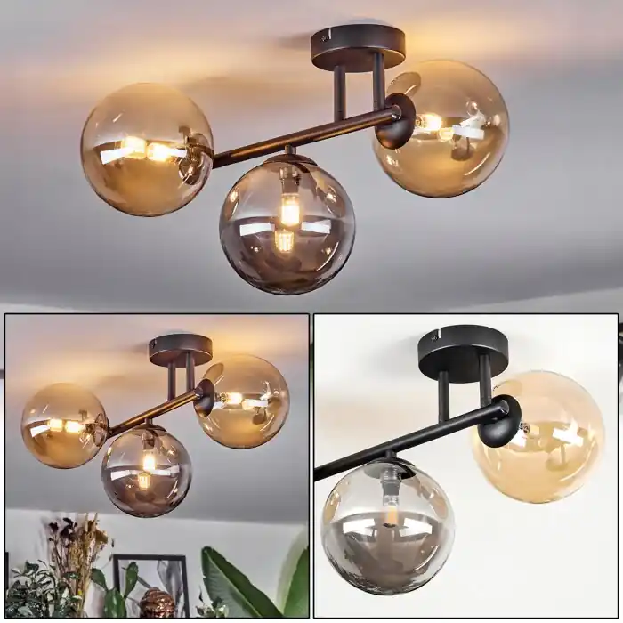 Chehalis Plafondlamp, Kogellampje Amber, Rookkleurig, 3-lichts Goedkoop