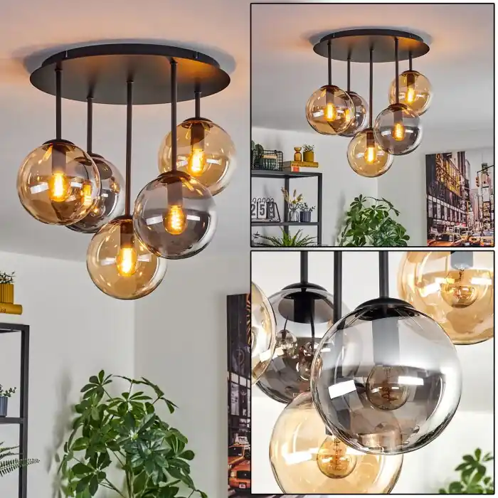 Gecertificeerd Gastor Plafondlamp, Kogellampje 45 cm Amber, Rookkleurig, 5-lichts