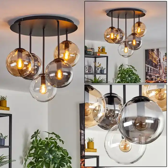 Premium Gastor Plafondlamp, Kogellampje 45 cm Amber, Duidelijk, Rookkleurig, 5-lichts