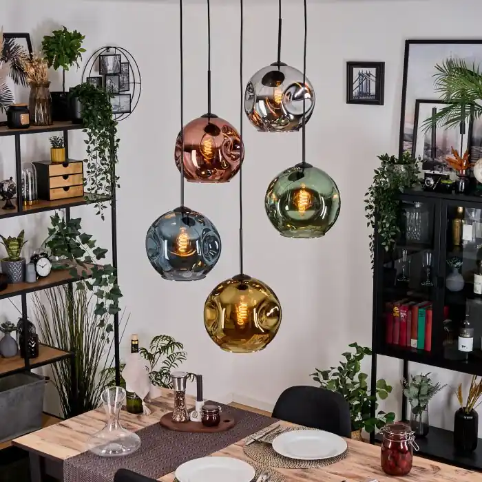 Ripoll Hanglamp, Kogellampje, Cluster hanglamp Blauw, Chroom, Goud, Groen, Koperkleurig, Rookkleurig, 5-lichts Gratis Retour