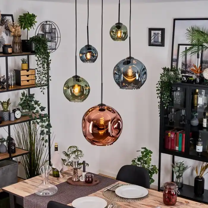 Koopje Ripoll Hanglamp, Kogellampje, Cluster hanglamp Blauw, Groen, Koperkleurig, 5-lichts