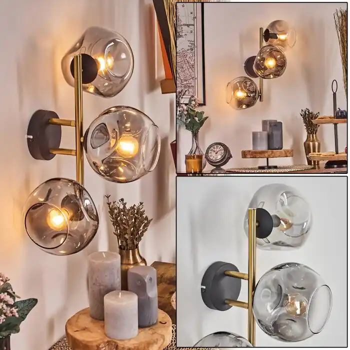 Ripoll Kogellampje, Wandlamp Goud, Zwart, 3-lichts Weekendaanbieding