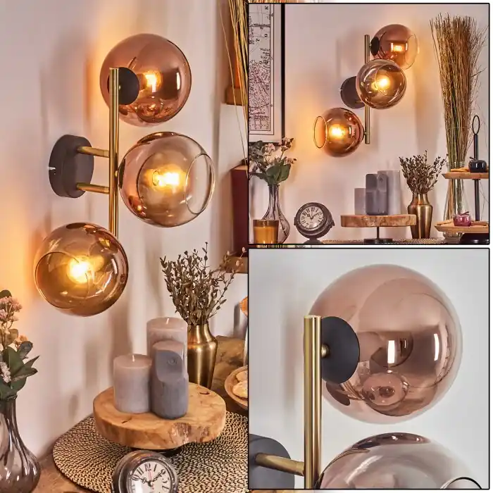 Korting Koyoto Kogellampje, Wandlamp Goud, Zwart, 3-lichts