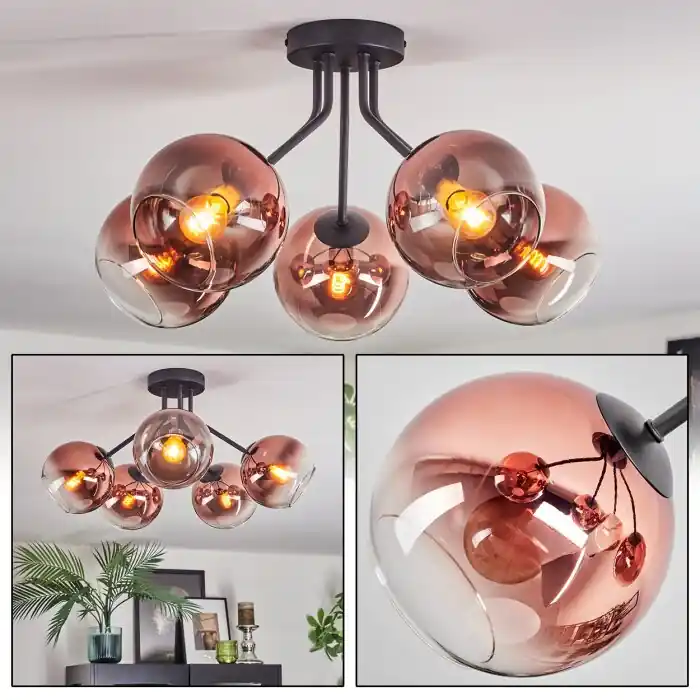 Premium Koyoto Plafondlamp, Kogellampje 52 cm Duidelijk, Koperkleurig, 5-lichts