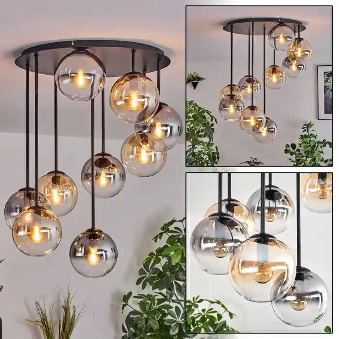 Gastor Plafondlamp, Kogellampje Amber, Duidelijk, Rookkleurig, 9-lichts Op = Op