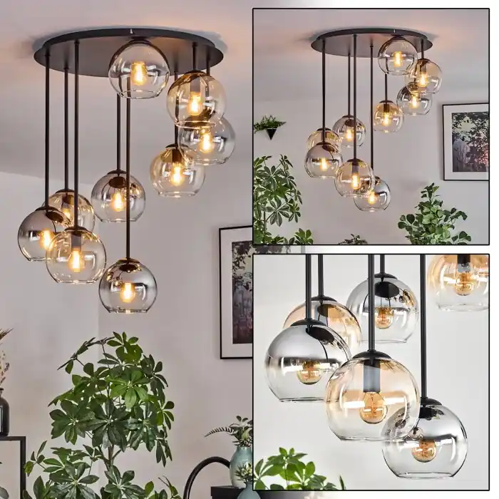 Betaalbaar Koyoto Plafondlamp, Kogellampje Amber, Duidelijk, Rookkleurig, 9-lichts
