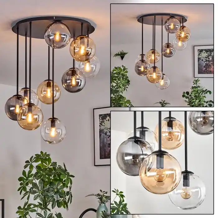 Betaalbaar Gastor Plafondlamp, Kogellampje Amber, Duidelijk, Rookkleurig, 9-lichts