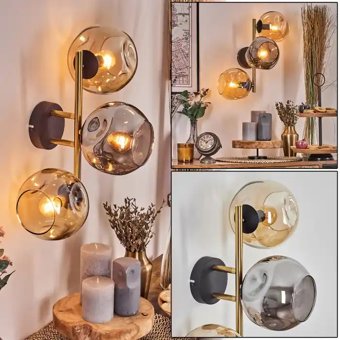 Ripoll Kogellampje, Wandlamp Goud, Zwart, 3-lichts Must-Have