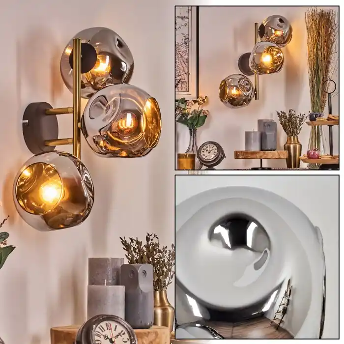 Ripoll Kogellampje, Wandlamp Goud, Zwart, 3-lichts Hoge Kwaliteit