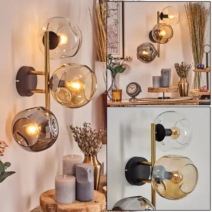 Ripoll Kogellampje, Wandlamp Goud, Zwart, 3-lichts Op = Op