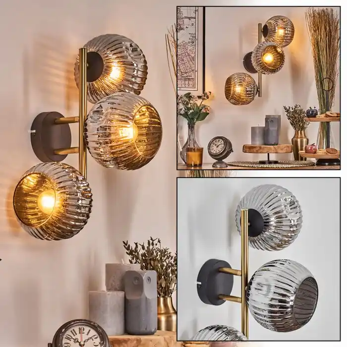 Ripoll Kogellampje, Wandlamp Goud, Zwart, 3-lichts Finale Uitverkoop