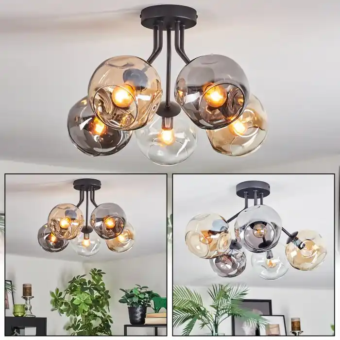 Ripoll Plafondlamp, Kogellampje Amber, Duidelijk, Rookkleurig, 5-lichts Op = Op